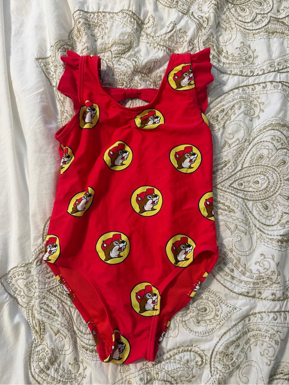 Buc-ees Sz 3T One Piece Girl Swimsuit Beaver Logo Red Yellow Polka Dots